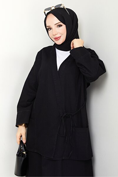 Bestenur Κιμονό Φούστα Διπλό Τζιν Σετ 1531 - Μαύρο