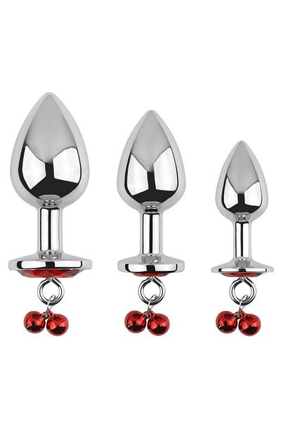 WildFashion Set 3 piese dopuri anale din metal inoxidabil cu piatra "diamond glow", Inox+Rosu TOY414-63
