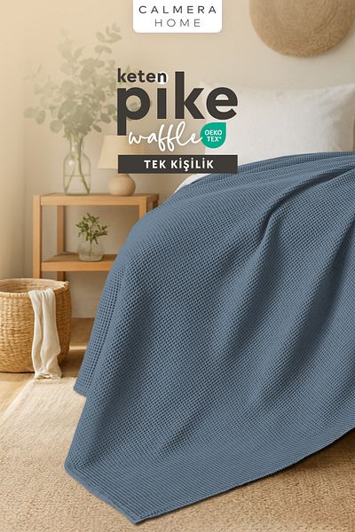 Calmera Linen Single Waffle Pike |   Bed & Sofa Cover - Shawl |   Premium Cotton - Summer |   Blue