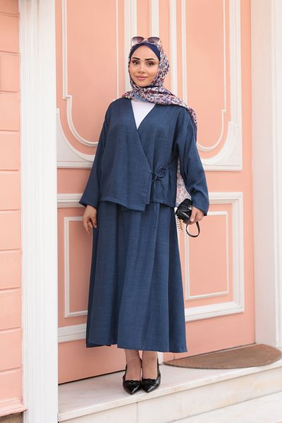 LOCCO Women's Side Tie Skirt Suit Navy Blue