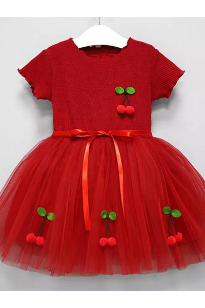 bonalind White Tulle Cherry Girl's Dress with Ribbed Fabric Top and Bottom Lining