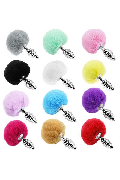 WildFashion Dop anal (Butt Plug) din metal inoxidabil cu striatii si coada de iepuras pufoasa, alb TOY416-2