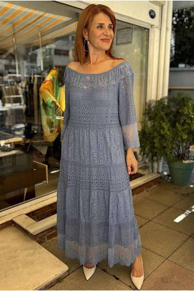 DenizEge Italian Sequin Detailed Guipure Dress Blue
