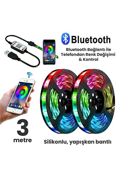 UpWay 3 Metre Bluetoothlu Müziğe Duyarlı Su Geçirmez Kesilebilir Silikonlu Kumandalı USB RGB Şerit L