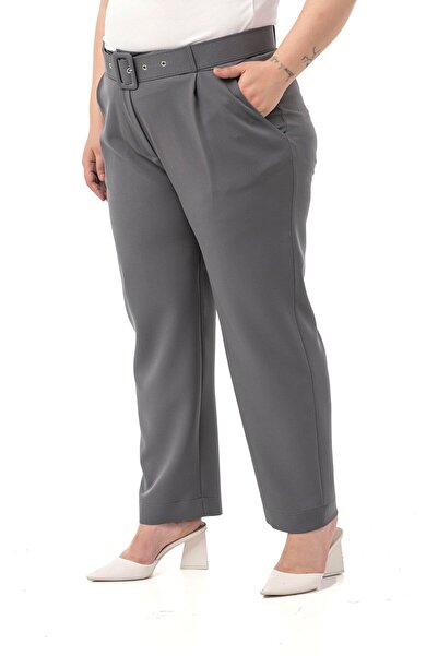 DISENTIS MODEST Plus Size Anthracite Trousers with Pleated Front Pockets and Belt