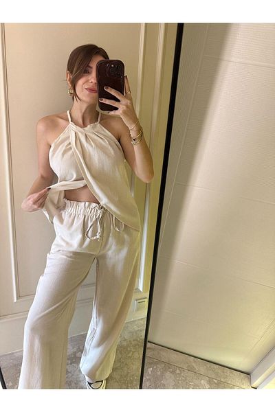Chamakh Beige Buttoned Linen Blouse-Pants Set