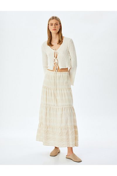 Koton Linen blend layered textured lining high rise midi skirt.