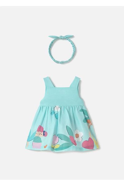 MAYORAL Baby Girl Printed Dress with Headband Turquoise 1873