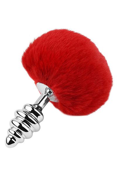 WildFashion Butt Plug made of stainless steel with ridges and fluffy bunny tail, red TOY416-3