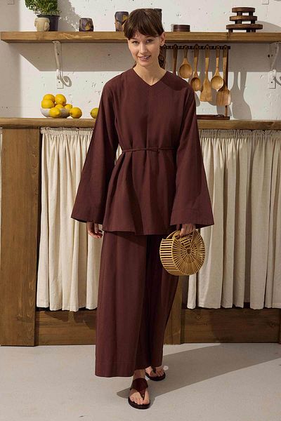 Hooopstore Cotton Blend Blouse Pants Copper Set