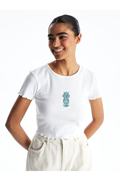 LC Waikiki XSIDE Бяла дамска тениска с бродерия на ананас на врата S5GR03Z8NVY25