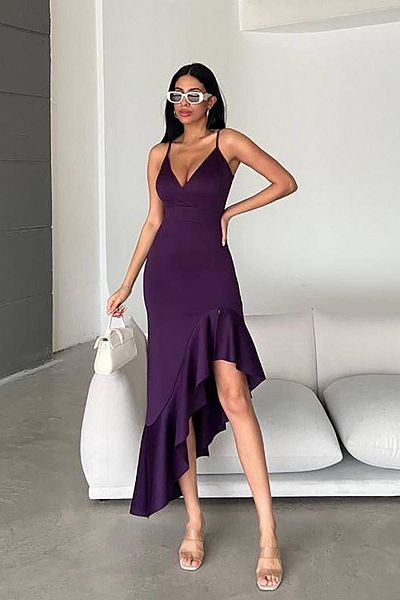Deafox Rochie de seară din țesătură scuba cu volan asimetric cu bretele subțiri violet