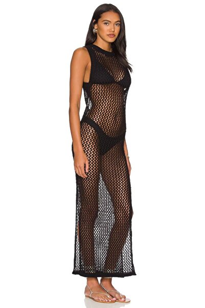 AQE FASHION Γυναικείο λουράκι με σχοινί με λαιμόκοψη, αμάνικο διχτυωτό σχίσιμο, μακρύ μαύρο φόρεμα παραλίας