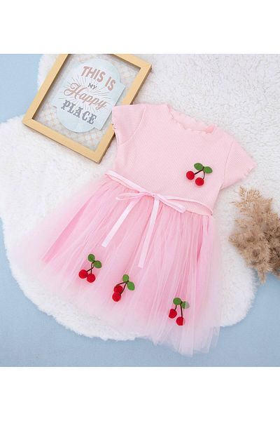 bonalind White Tulle Cherry Girl's Dress with Ribbed Fabric Top and Bottom Lining