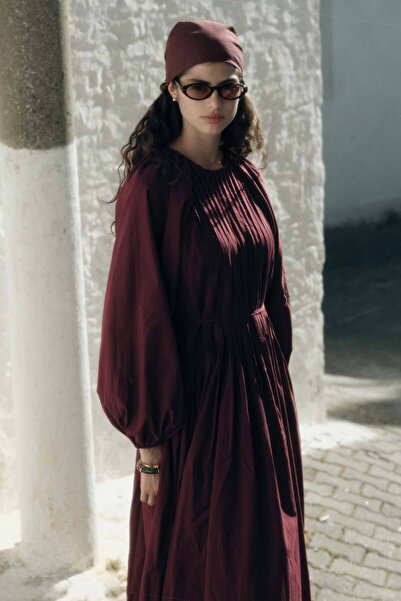Hooopstore Ribbed Cotton Voile Burgundy Dress