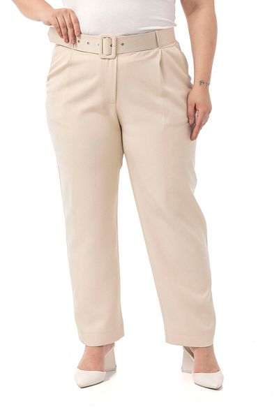 DISENTIS MODEST Plus Size Beige Trousers with Pleated Front Pockets and Belt