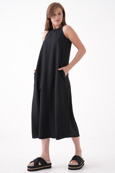 Saade Black Crew Neck Pocket Salopet Form Dress