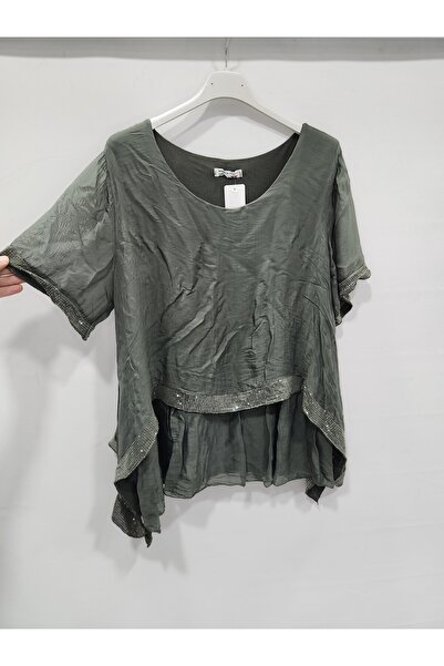 della moor Khaki Italian Sequined Short Sleeve Silk Blend Blouse