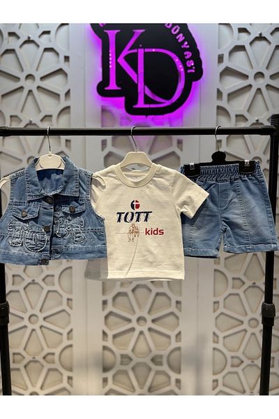 KUMRUNUN DÜNYASI Short Sleeve White T-Shirt Denim Vest and Denim Shorts Girls and Boys Unisex 3-Piece Bottom Top Set