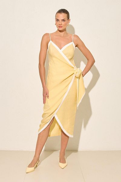 Setre Butter Yellow-Ecru Linen Side Tie Stripe Detailed Asymmetrical Collar Midi Length Dress