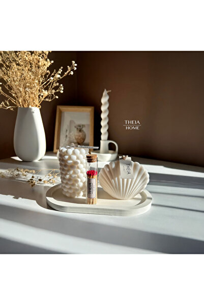 THEIA HOME İSTİRİDYE VE BUBBLE MUM OVAL TABAK VE KİBRİT 4'LÜ SET