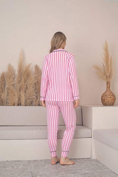 BSM Women's Pink White Striped Piping Buttoned Bamboo Long Sleeve Comfortable Pajama Set