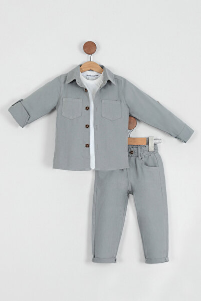 Pollito Erkek Çocuk Pamuklu Gömlek Tişört Pantolon 3'lü Alt Üst Takım