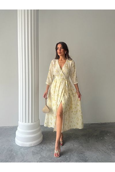 Ayinsu Double-breasted Collar Floral Patterned Belted Dress