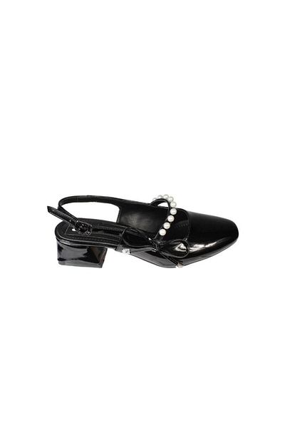Yaz Kış Ayakkabı Yazkiş Women's Black and White Patent Leather Pearl Bow Front Kut Toe 4cm Thick Heel Shoes