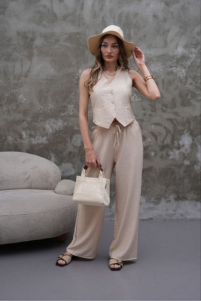 Stil Sepeti Women's Beige Modal Fabric V-Neck Mini Vest Elastic Waist Pants Suit Epc-1000073