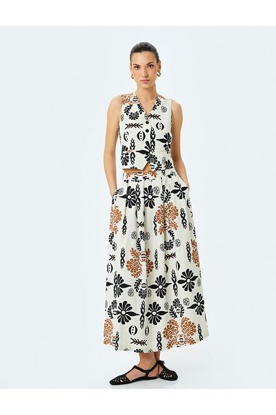 Koton Ethnic printed linen blend V-neck buttoned crop vest.