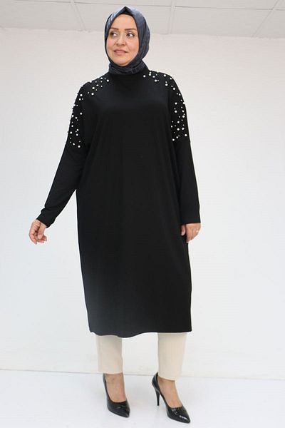 Eslina 58067 Plus Size Low Sleeve Pearl Snap Combed Cotton Tunic - Black