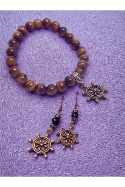 ayrestyle مجموعة مجوهرات من حجر عين النمر العتيق مع جهاز دفة السفينة وسوار وأقراط