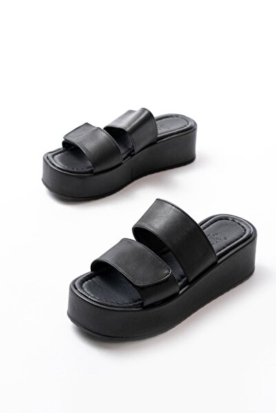 Aymood 861-1034 Black Snap Fastener Wedge Heel Women's Slippers