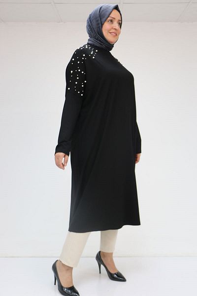 Eslina 58067 Plus Size Low Sleeve Pearl Snap Combed Cotton Tunic - Black