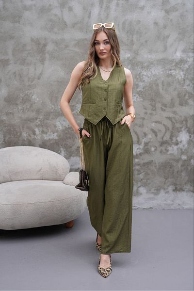 Stil Sepeti Women's Khaki Modal Fabric V-Neck Mini Vest Elastic Waist Pants Suit Epc-1000073
