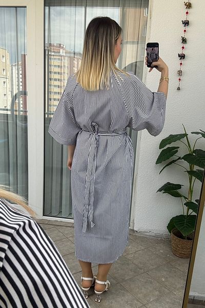 Kubos Moda Bat Sleeve Belted Judge Collar Striped Black Dress