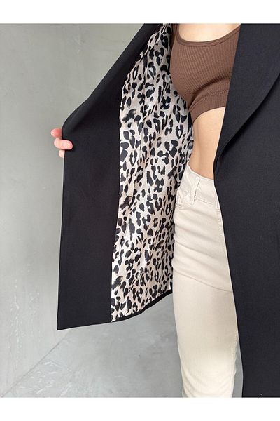 Cappmoda Ckt-12435 Black Leopard Lined Padded Double Breasted Collar Blazer Jacket