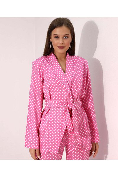Stayele Pink Polka Dot Belted Long Sleeve Blazer and Wide-Leg Pants Set