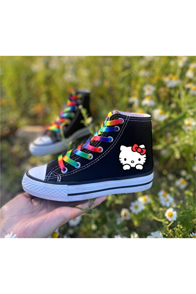 LEVENT ÖZCAN Hello Kitty Baskılı, Gökkuşağı Bağcıklı, Siyah Bilekli Spor Ayak...