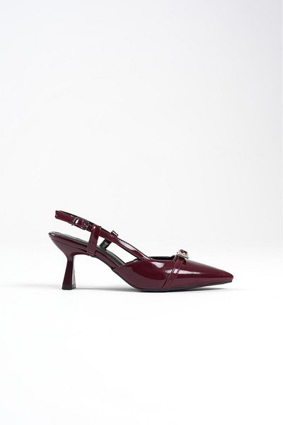 Griffa Women's Burgundy Patent Leather Buckle Open Back Daily Casual Evening Dress Stiletto Heeled Shoes
