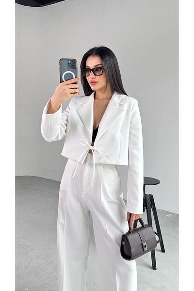 Cappmoda Ckt-12441 White Padded Front Tie Crop Jacket