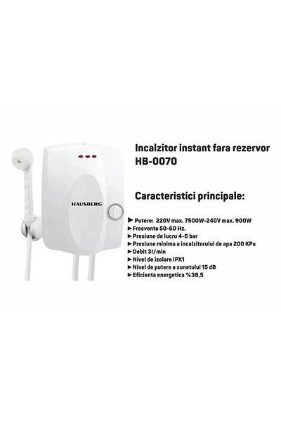 Hausberg Incalzitor Instant Fara Rezervor Hb-0070, Putere Max 7500w 220v, 9000w 240v, 4-6 Bar, 3 L/min, Ipx1