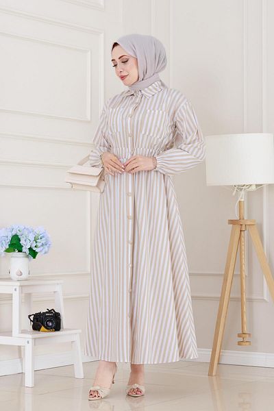 Sevitli Ριγέ Τσέπη Hijab Φόρεμα-Μπεζ