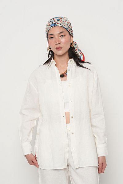 Orfeo Negro Women's 100% Linen Shirt with Button Detail on the Sides