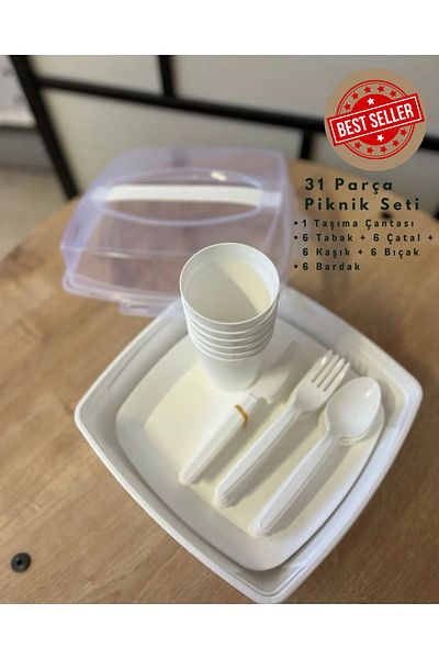 WWSHOP Mars Plastic 32 Piece Picnic Set -- Spoon-Fork-Cup-Plate -- Cream