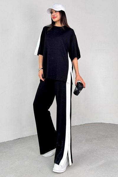 Cappmoda Tkm-13307 Black Stripe Detailed Oversize T-Shirt & Pocket Casual Trousers Double Set