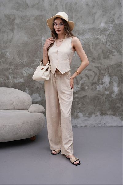 Stil Sepeti Women's Beige Modal Fabric V-Neck Mini Vest Elastic Waist Pants Suit Epc-1000073