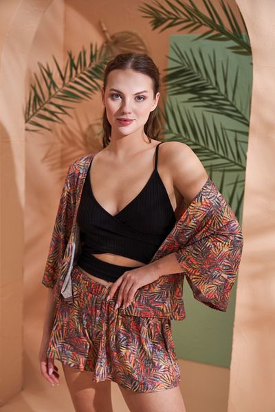 Pjs Pijama Pjs 27003 Set triplu din viscoză cu model (kimono - crop top - pantaloni scurți)