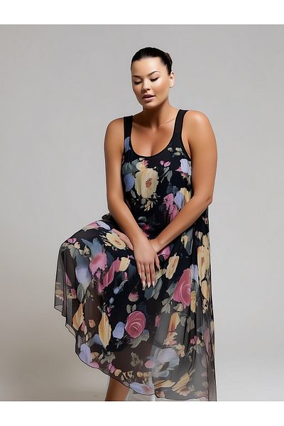 Hanezza Rochie de vară elegantă din tul și șifon cu imprimeu floral